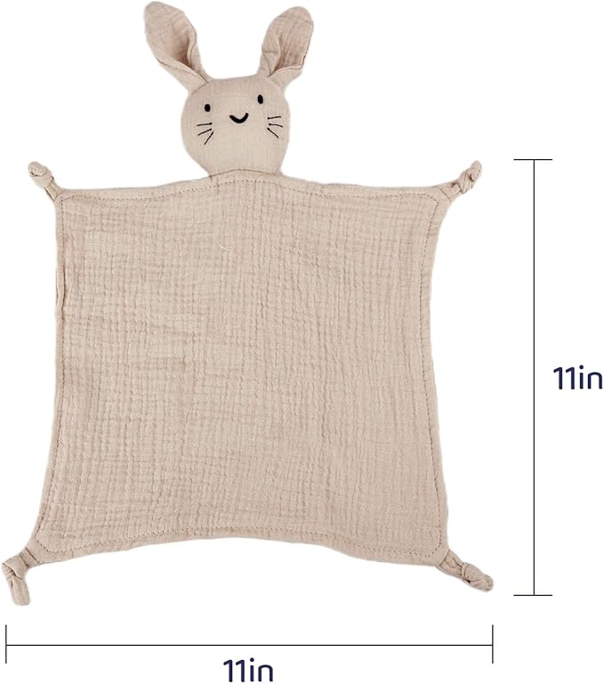 Organic Cotton Muslin Bunny Lovey Blanket, Soft & Breathable Security Blanket for Newborns, Unique Baby Gifts for Boys and Girls, 2 Pcs Set (Pink&Khaki)