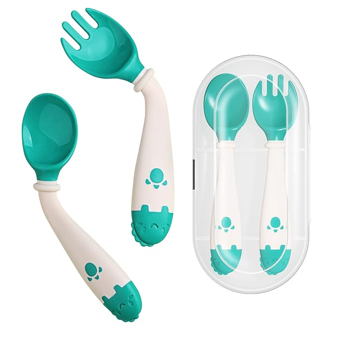 Deejoy Toddler Utensils, Self-feeding Flatware Set withTravel Case, Baby Spoons and Forks with Silicone Bendable Handle, Easy Grip Heat-Resistant, Ideal for Kids, Stage 2 Green