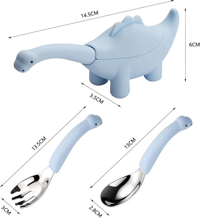 Toddler Utensils 2-Pack, Stainless Steel Baby Fork and Spoon Set with Cute Dinosaur Silicone Handles, Baby Kids Utensils, Children Safe Forks and Spoons, Dishwasher Safe (Blue)