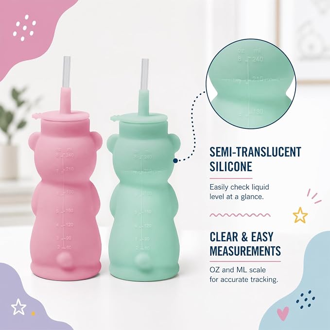 Silipint Honey Bear Straw Cup for Baby & Toddler – Soft Silicone Squeeze Training Straw Cup, Leak-Resistant Baby Sippy Cup for Bottle Transition, BPA Free, Dishwasher Safe, 8 oz Pink