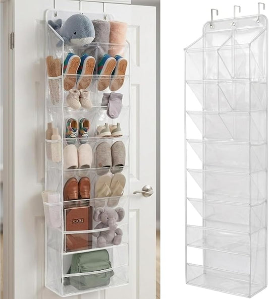 8 Tier Hanging Shoe Organizer – 100D Extra Thick Deep Pockets, Shoe Rack for Closet, Shoe Rack for Entryway, Over the Door Shoe Organizer for Closet with 6 Side Pockets for Boots (Transparent)
