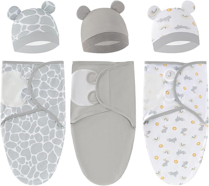 Baby Swaddle Sleep Sack with Hat Set for 0-3 months 3-Pack Soft Cotton Newborn Wearable Swaddle Wrap for Girls Boys