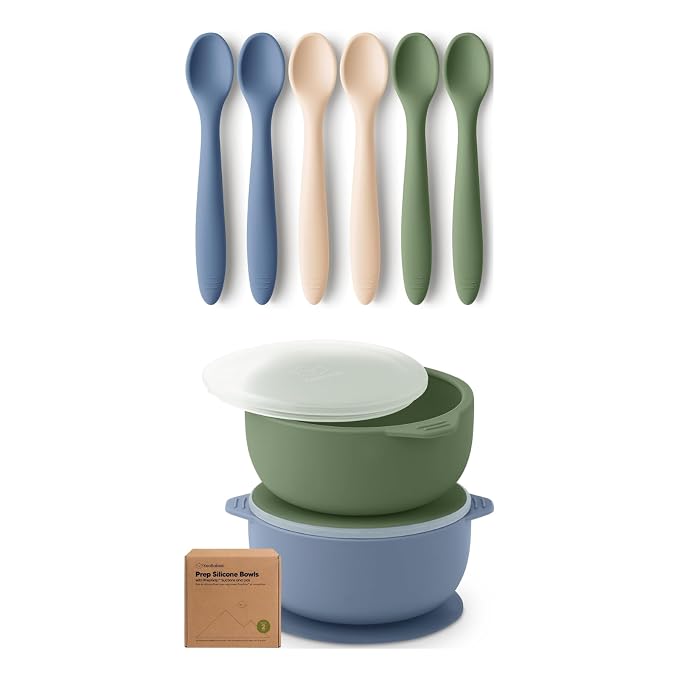 KeaBabies 6-Pack Silicone Baby Spoons and 2-Pack Baby Bowls with Suctions and Lids - Toddler First Food Training Spoon, Silicone Suction Bowls for Boy, Girl
