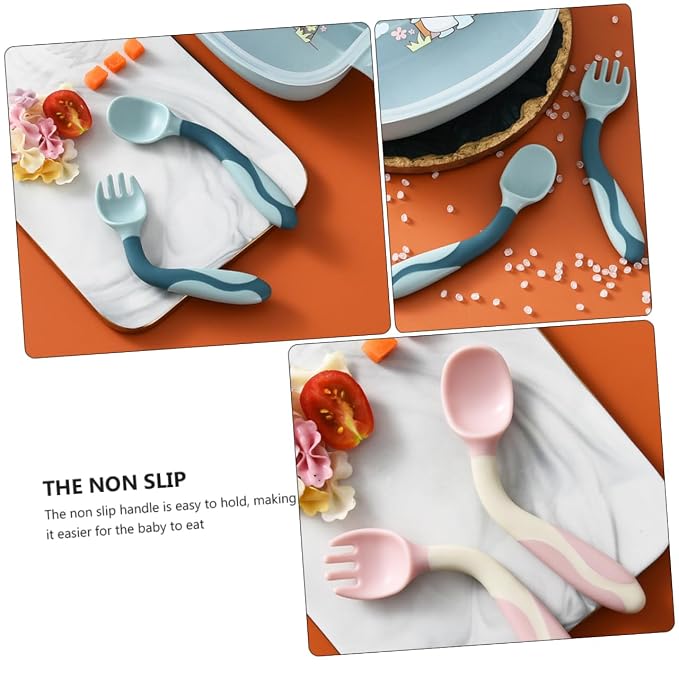 Garneck 2 Sets Silicone Feeding Utensils with Non Slip Handles Soft Flexible Spoons and Forks for Lightweight Portable Tableware in