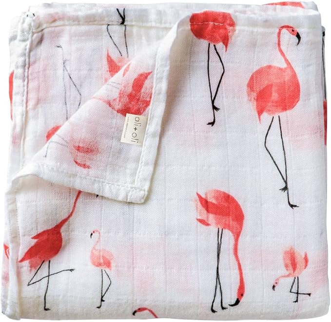 Ali+Oli Muslin Swaddle Blanket for Baby (Flamingo) Large 47" x 47" Soft Rayon Made from Bamboo & Organic Cotton, Machine Washable Receiving Blanket Wrap for Newborn to Toddler