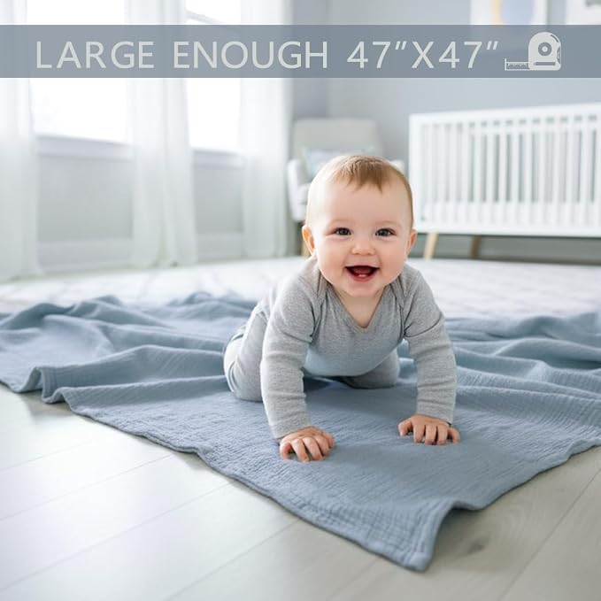 Muslin Swaddle Blankets for Baby Boy - 3 Pack 47x47 Inch Large Receiving Blankets, Soft Breathable Cotton Nursery Swaddles for Newborn, Infant & Todler (Blue, White, Dusty Blue)