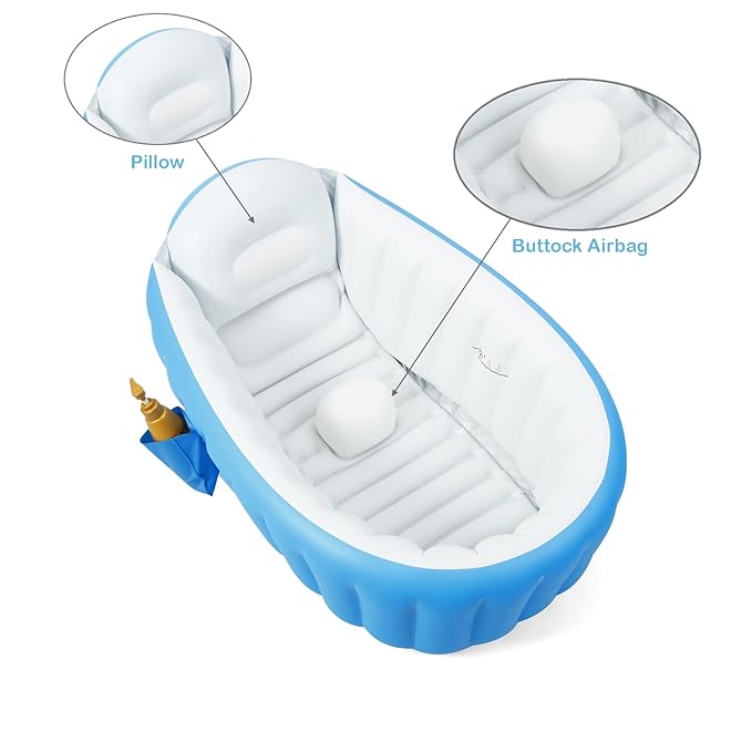 PandaEar Baby Inflatable Bathtub, Portable Travel Baby Infant Bath Tub Toddler Bathtub with Air Pump, Foldable Non-Slip Shower Basin Mini Air Swimming Pool for Newborn (Blue)