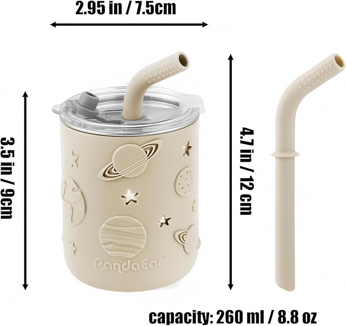 PandaEar 2 Pack Stainless Steel Cups with Lids & Silicone Sleeves | 8.8 oz Spill Proof Sippy Cups with Straw Stopper & Teething-Friendly Straws for Kids Children Ages 3+ (Beige & Pink)