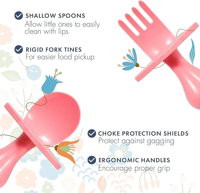 Elli&Nooli Silicone Fork & Spoon Set - 2-Piece Set, Pink - Self-Feeding Training & Toddler Utensils - Ergonomic Star-Shaped Barrier & Baby Feeding Essentials