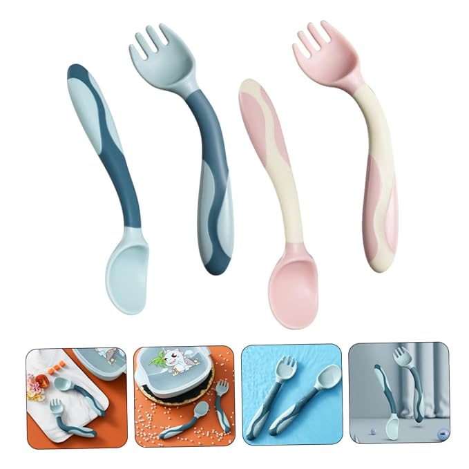 Healifty 2 Sets Silicone Training Spoons and Forks Flexible Bendable Tableware Soft Feeding Utensils Portable Lightweight for Dining