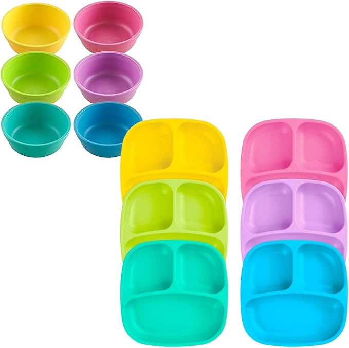 Re-Play Toddler Dinnerware Set - 6 Divided Plates & 6 Snack Bowls for Kids - Durable BPA-Free Plastic Tableware - Dishwasher Safe - Made in USA from Recycled Materials, Sorbet