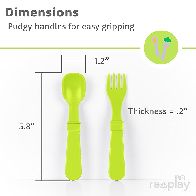 Re-Play Toddler Forks and Spoons Set - 4x4 Toddler Utensils Set - Dishwasher and Microwave Safe - Made in USA - Set of 8-5.8" x 1.2" x 0.2" - Tulip
