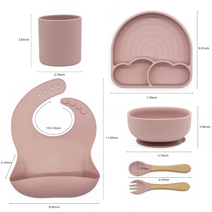 Rainbow & Butterflies |7 Piece| Silicone Baby Feeding Set – |Bib, Suction Bowl, Training Cup, Sectional Suction Plate & Lid, Spoon & Fork| – Food Grade Silicone, BPA Free (Baby Pink)