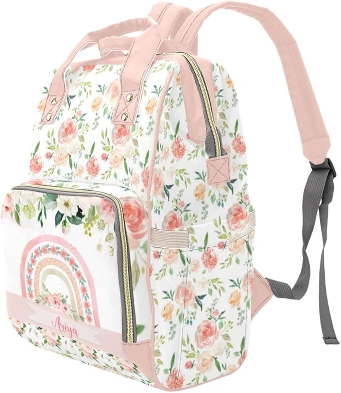 Custom Diaper Bag with Name Personalized Floral Rainbow Nylon Travel Backpack for Holiday Travel Customized Nappy Changing Bag with Pockets for New Mom