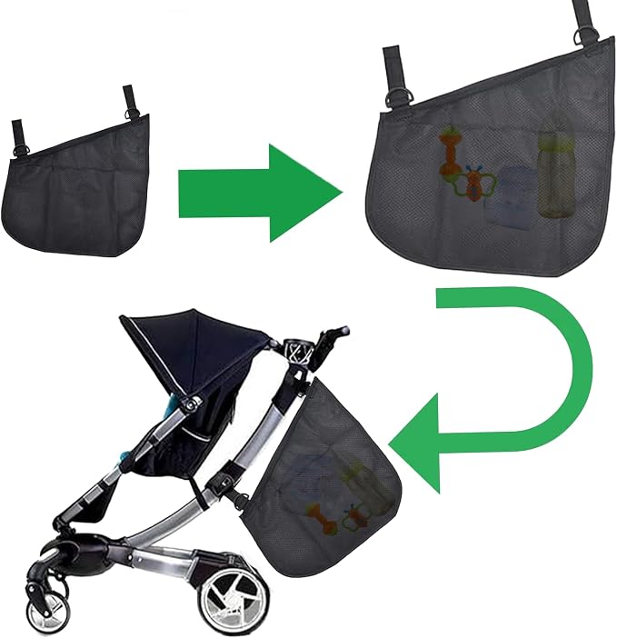 2 Pack Universal Side Sling Stroller Mesh Cargo Net and Organizer, Extra Stroller Storage Space, Non-Slip and Adjustable Straps