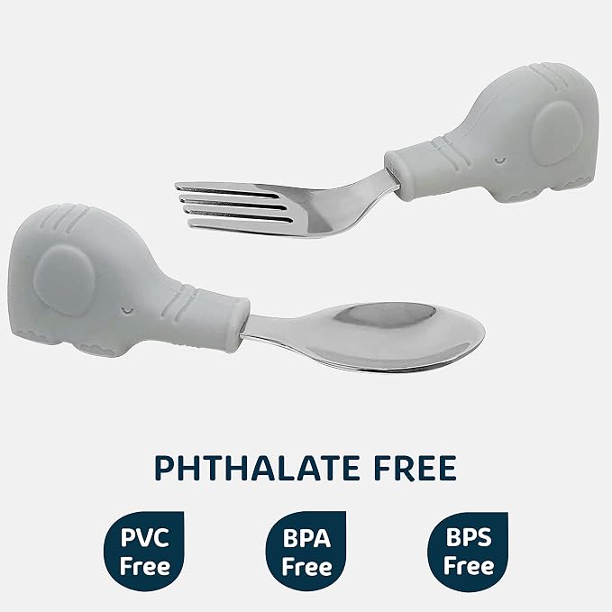 Tiny Twinkle Easy Grip Toddler Utensils Spoon and Fork Set - BPA & Phthalate Free Utensil Sets, Kids Silverware With Silicone Handle, Baby Led Weaning Supplies for 12 Months & Up (Grey Elephant)