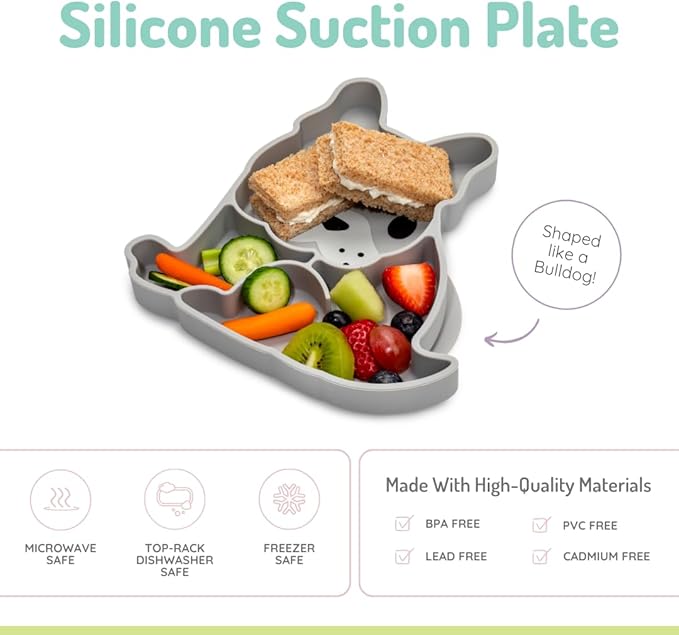 melii Silicone Suction Plate for Babies & Toddlers | Divided Baby Led Weaning Plate, BPA-Free, Non-Toxic, Dishwasher & Microwave Safe, Fits Most High Chairs, 6+ Months (Bulldog)
