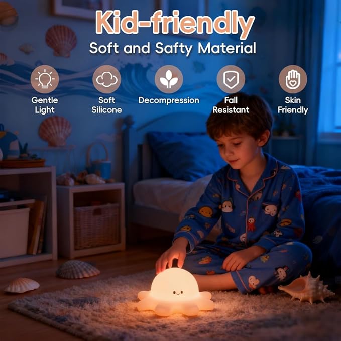 Octopus Night Light for Kids, Cute Silicone Animal Night Light, Rechargeable Tap Control Nursery Lamp with Timer, 3-Level Dimmable Squishy Bedside Lamp for Baby Girls Boys Room Decor Gift