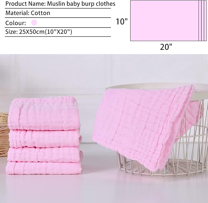 Muslin Baby Burp Cloths 10 Pack Large 100 Cotton Hand Washcloths 6 Layers Extra Absorbent and Soft (Pack of 10,Pink)