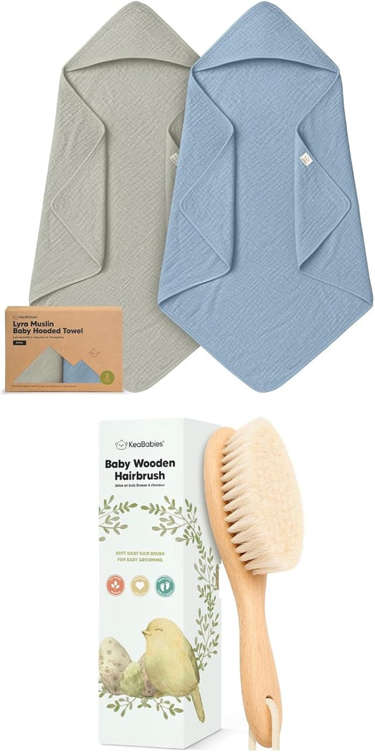 KeaBabies 2-Pack Muslin Baby Bath Towels with Hood for Girls, Boys and Baby Hair Brush - 100% Cotton Hooded Bath Towel, Soft & Absorbent for Toddlers, Baby Brush with Soft Goat Bristles