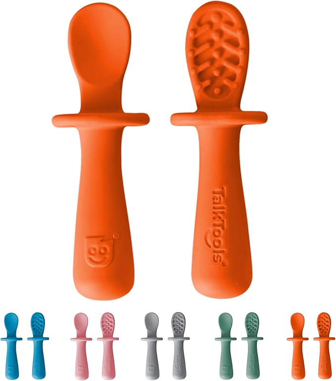 TalkTools ITSY Tiny Silicone Spoons ??Twin Pack Soft Silicone Self-Feeding Training Spoons for Kids & Toddlers, Anti-Choking Flange Guard and Non-Slip Handle (Tangerine)