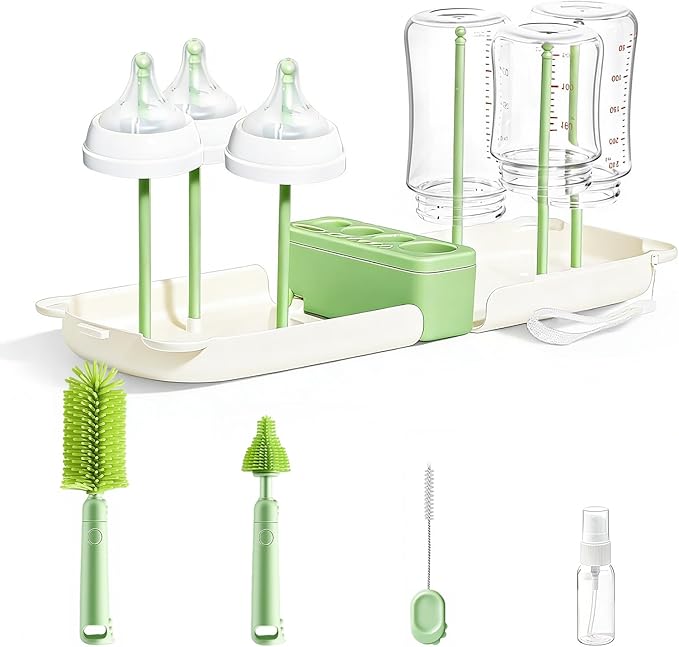 Travel Baby Bottle Cleaner Kitï¼?-in-1 Baby Bottle Brush Set for Travel and Home, All-in-One Baby Bottle Washing Kit: Integrated Cleaning & Drying System for Bottles and Breast Pump Parts (Green)