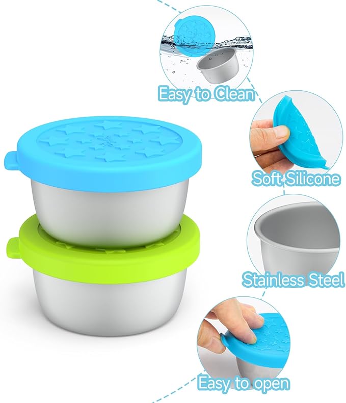Stainless Steel Condiment Containers with Leakproof Food-grade Silicone Lids, Portion Bento Box and Mini Sauce Container of Kids Lunch to Go for Snack, Dessert, Souffle, Salad Dressing (MIX, 6 Pack)