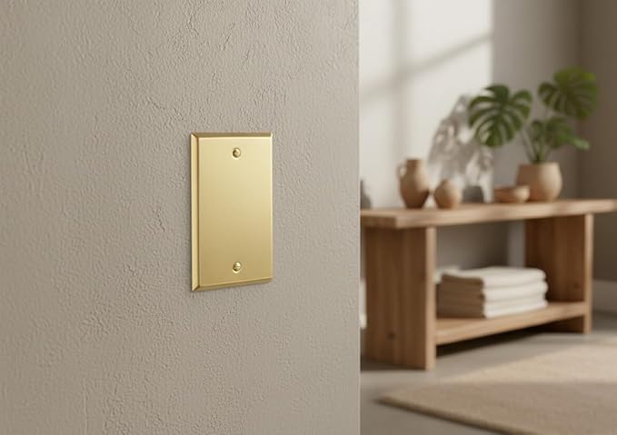 Rio Salto BRASS Metal Gold Blank Wall Plate Blank Outlet Cover Cover for Unused Outlets Wall Switch 1-Gang Covers Child Safe Device Outlet Safety Genuine Brushed Brass Standard Size