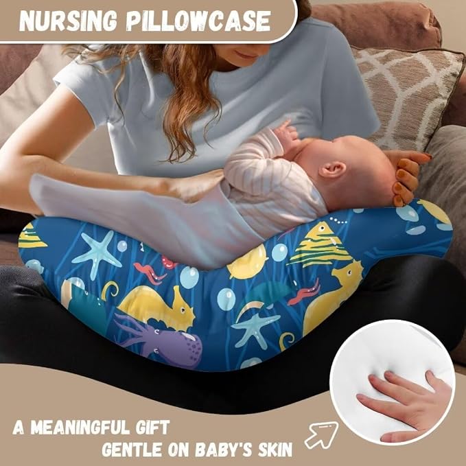 Nursing Pillow Cover for Baby Boys Girls, Blue Marine Animals Breastfeeding Pillow Slipcover Cushion Cover, Soft Fabric Fits Snug On Infant, Fits for Nursing Pillow Newborn