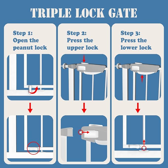DEARBB Triple Lock Baby Gate for Stairs Doorways and House 31" to 86" Extra Wide Pressure Mounted Easy Walk Through Auto Close Safety Pet Gate White 76.77-86.22"