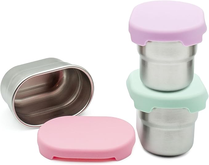 WeeSprout Stainless Steel Dip Containers with Leakproof Silicone Lids - 3 Pack - 2.7 Oz Reusable Snack & Sauce Cups - BPA-Free, Dishwasher & Freezer Safe Bento Box Lunch Boxes & Meal Prep Accessories