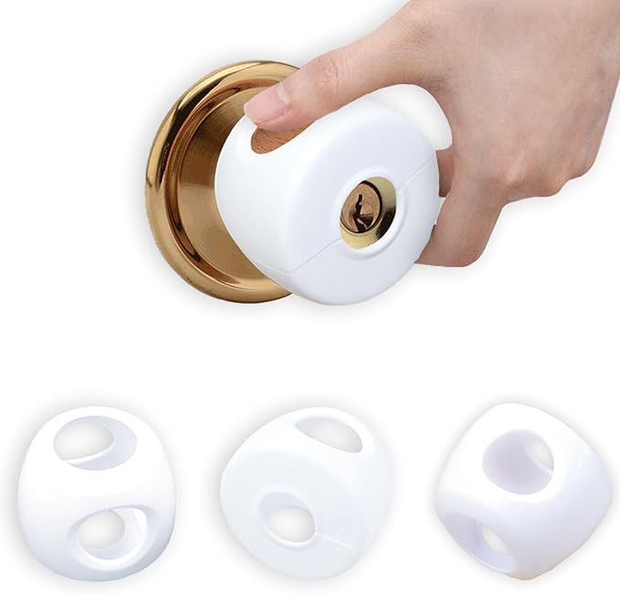 Child Proof Door Knob Safety Covers - 4 Pack, Easy Install Baby Door Knob Covers for Kids, Durable White PP Material, Fits Most Spherical Door Knobs, Child Safety Products