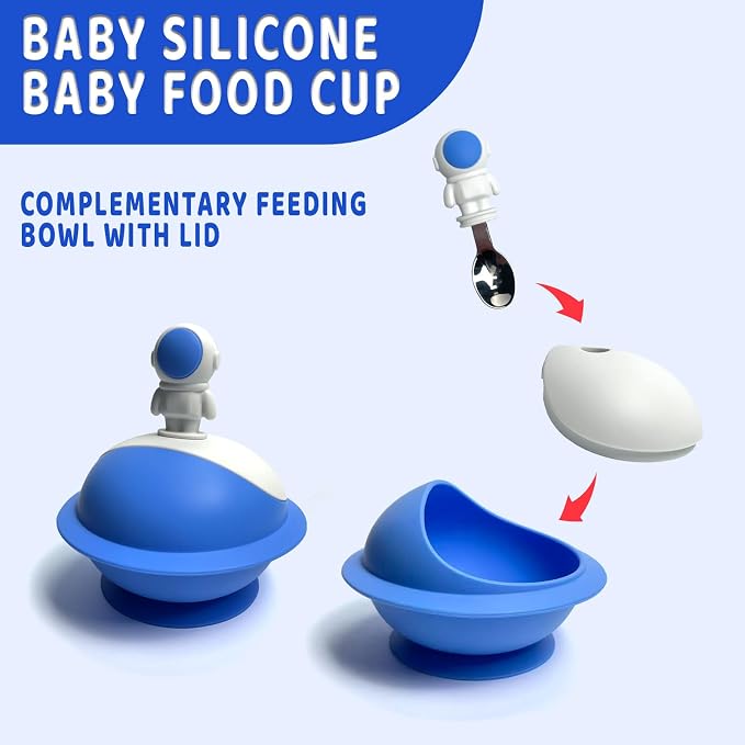 8 PCS Silicone Baby Feeding Set, Astronaut Theme, Spoons, Fork, Silicone Bibs, Baby Sippy Cups, Plate Bowl Set Baby Eating Essentials Led Weaning Toddler (Blue)
