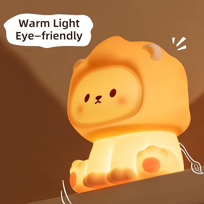 Lion Kids Night Light, Rechargeable Silicone Toddler Night Light with Tap Control, Soft Anti-Glare LED Nursery Lamp, 1200mAh Portable Bedside Lamp for Baby Room Decor