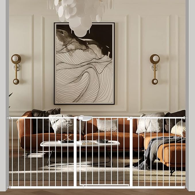 WAOWAO Triple Lock Baby Gate Extra Wide 81.49-85.82" Pressure Mounted Walk Through Swing Auto Close Safety White Metal Dog Pet Puppy Cat for Stairs,Doorways,Kitchen