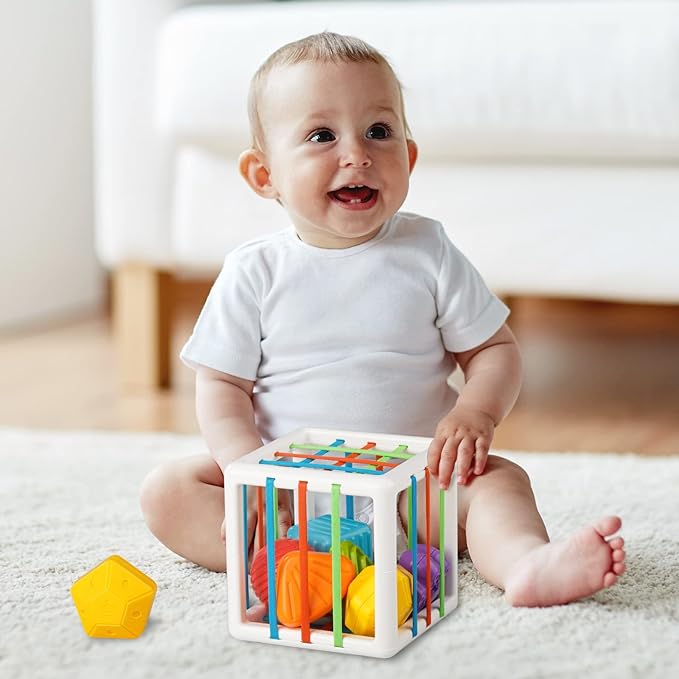 Aprilwolf Montessori Toys for 1 Year Old, Cube & 6 Sensory Shape Blocks, Baby Toys 12-18 Months, Developmental Infant Birthday Gifts for Learning Toddler Age 1 2 3