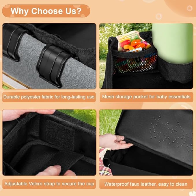 Stroller Snack Tray Compatible with Wonderfold Wagon, Thickened Waterproof Faux Leather Wagon Accessories, Comes with Cup Holder and Storage Net Bag Universal Stroller (（W2 Series Thickenedï¼?