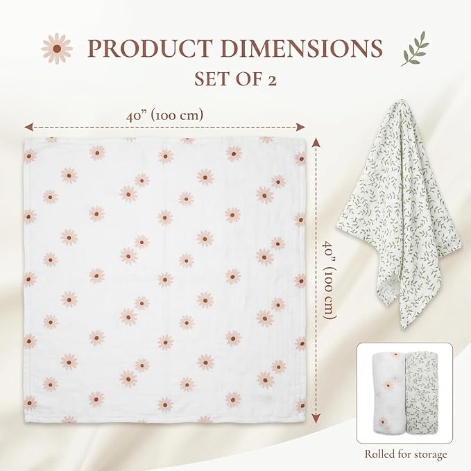 Lulujo Baby Swaddle Blankets | Unisex Softest Breathable Cotton Muslin Swaddle Blanket Set | Neutral Receiving Blanket for Girls & Boys | 40in x 40in | Daisies & Greenery | 2-Count