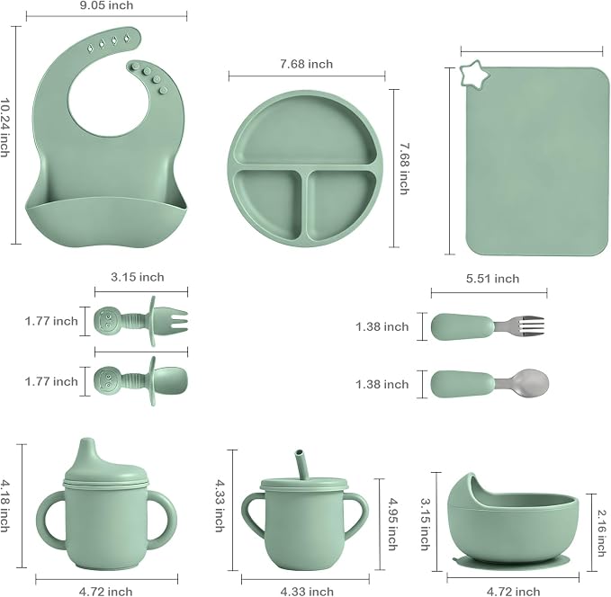 Silicone Baby Feeding Set 10 Pcs, Baby feeding essentials with Suction Plate, Bowl, Bib, Placemat, Silicone spoon&forks, Stainless Spoons&forks, straw cup and sippy cup (Blue)
