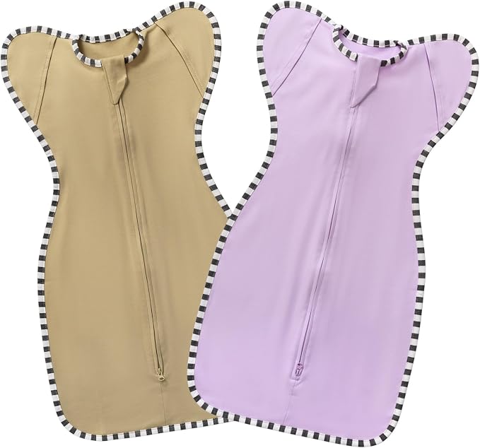 Transitional Baby Sleep Sack 2-Pack, 100% Cotton Newborn Wearable Blanket, Arms Up Design with 2-Way Zipper, Breathable Swaddle for Infants Boys Girls (Purple + Tan, Large 6-9 Months)