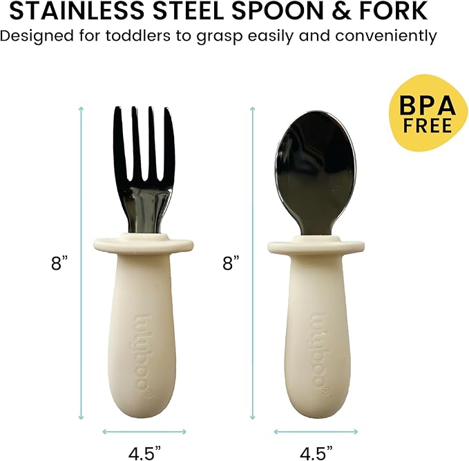Lulyboo Baby Silverware Set - Self-Feeding Toddler Fork & Spoon with Easy-Grip Handles, Stainless Steel, BPA-Free, Dishwasher Safe, Perfect for 4+ Months (Ivory)