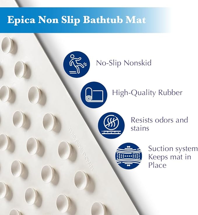 Epica Non Slip Bathtub Mat | Real Rubber Bath Mat for Tub, Shower, Baby Safety, Kids, Pet Dog, Soft No-Slip Nonskid, 16??x 28