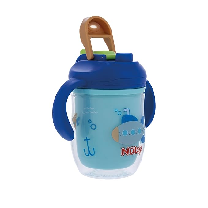 Nuby 2-in-1 Insulated Toddler Cup with 360° Weighted Straw & Hard Spout - 7 oz - Leak-Resistant with Easy Grip Handles - 4+ Months - Submarine