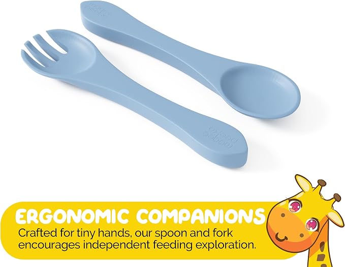 Carolina Blue Silicone Baby and Toddler Self-Eating Food Plates Set with Utensils (8 Piece Set)