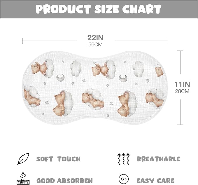 vvfelixl Baby Burp Cloths Bears Clouds Newborn Cotton Burping Cloths Set Absorbent & Soft 22 * 11IN, 4 Pack
