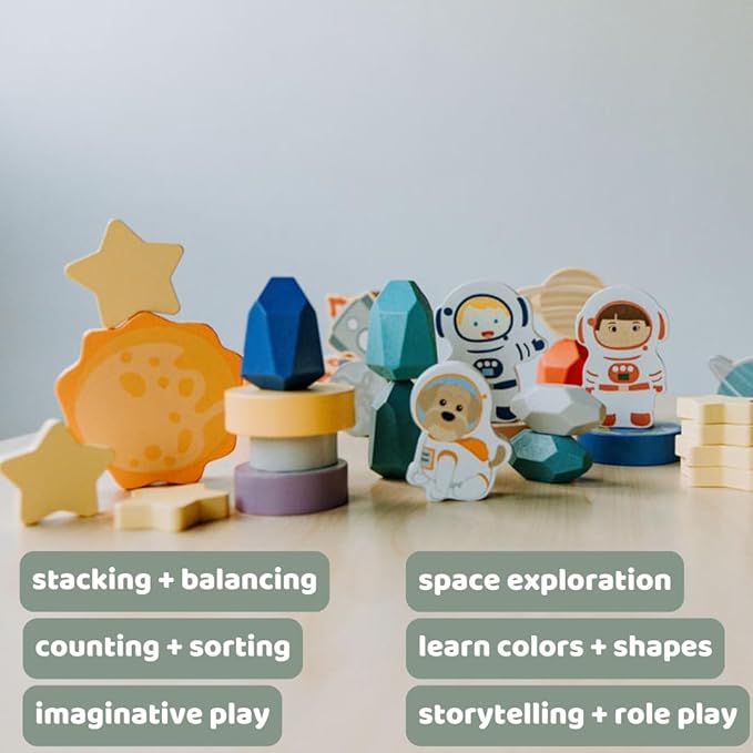Toddler 30 Piece Stacking Wood Blocks Space Gift - Montessori 2 Year Old Fine Motor Skills Toy Learning Stacking Shape Sorter Sensory Preschool Busy Journey to the Moon (Book and Block Set, Wood)