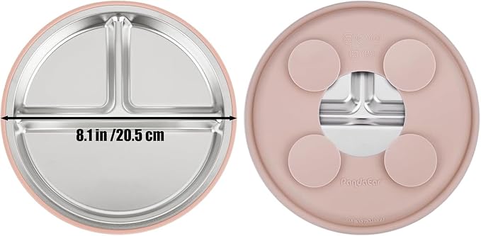 PandaEar Baby Feeding Set 4 Pcs, 2 Pack Stainless Steel Suction Plates & 2 Pack Spoons Set, Divided Plates for Baby Led Weaning Supplies, BPA-Free (Dark pink/Light pink)