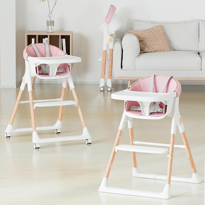 Baby High Chair, High Chairs for Babies and Toddlers, Convertible Folding High Chair with Removable Tray 5 Point Harness Footrest Detachable PU Cushion, Portable Highchair for Baby Toddlers