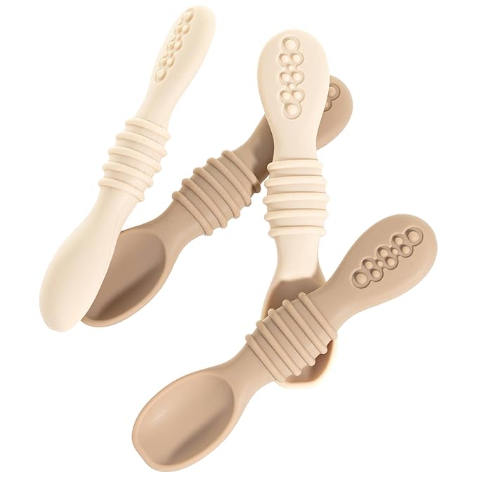 Silicone Baby Spoons for Baby Led Weaning 4-Pack, First Stage Baby Feeding Spoon Set Gum Friendly BPA Lead Phthalate and Plastic Free, Tan