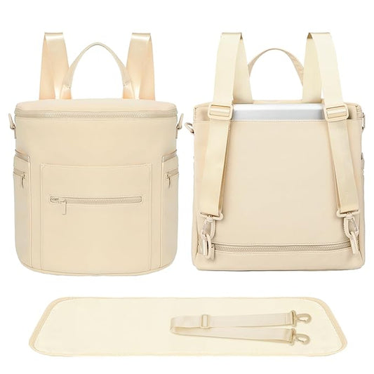 miss fong Neoprene Diaper Bag - Baby Diaper Bag,Large Capacity Neoprene Backpack with Changing Pad Travel Diaper Backpack Tote Backpack with 16 Pockets for Mom & Dad-Beige